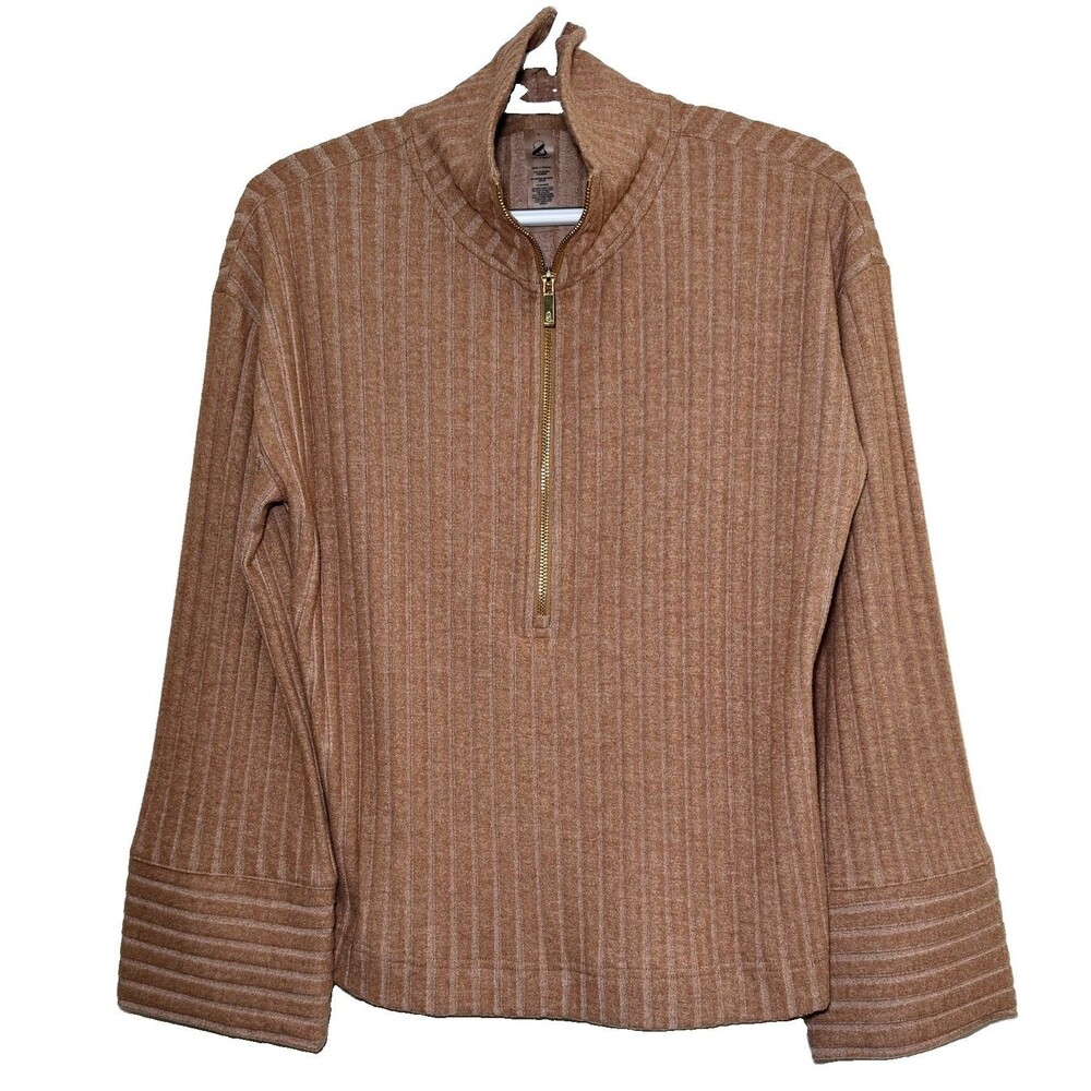 Lou & Grey Women’s Large Brown Ribbed Quarter Zip Mock Neck Pullover Top